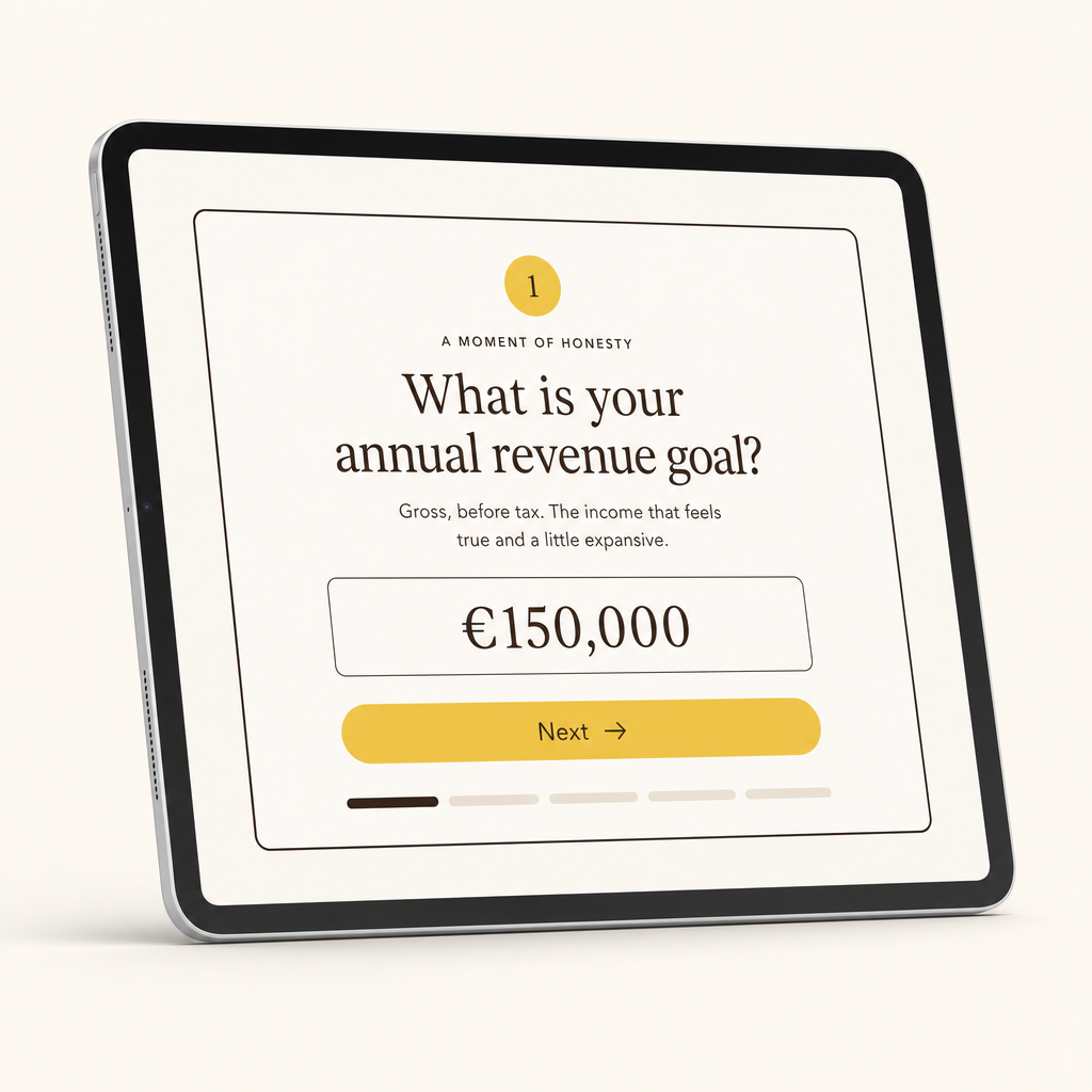 Purposeful Profit Calculator shown on an iPad — pricing input step