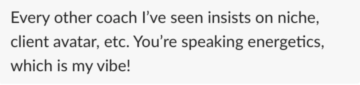 "Every other coach I've seen insists on niche, client avatar, etc. You're speaking energetics, which is my vibe!"